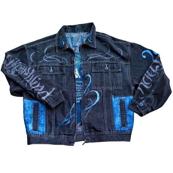 Vintage smokey black denim jacket with metallic blue gray hand painted mens sz L